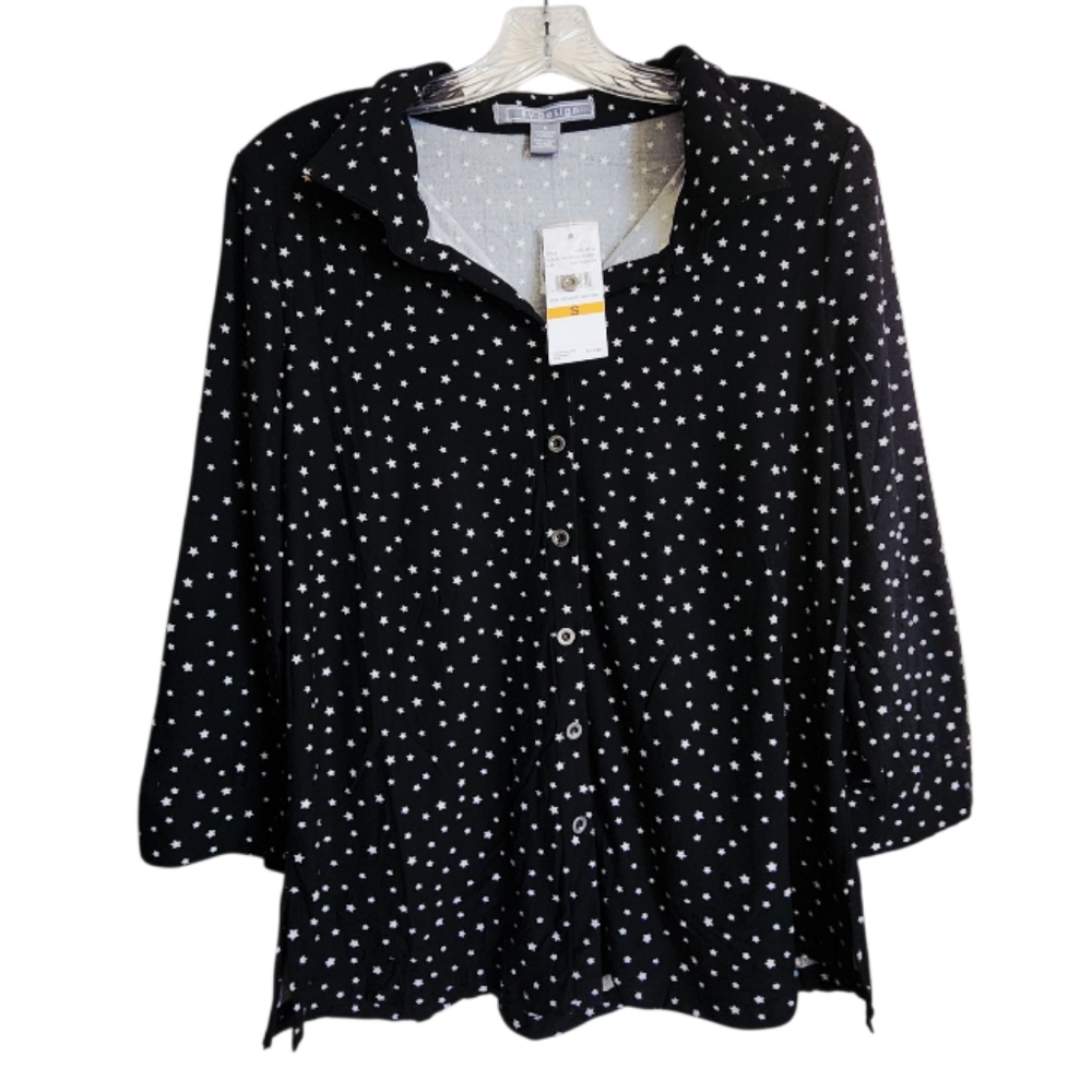 By Design Women’s Small Star Print Collared Button Up Shirt Black White Roll Tab